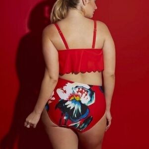 Lela Rose Red Floral High Rise Bikini Bottoms